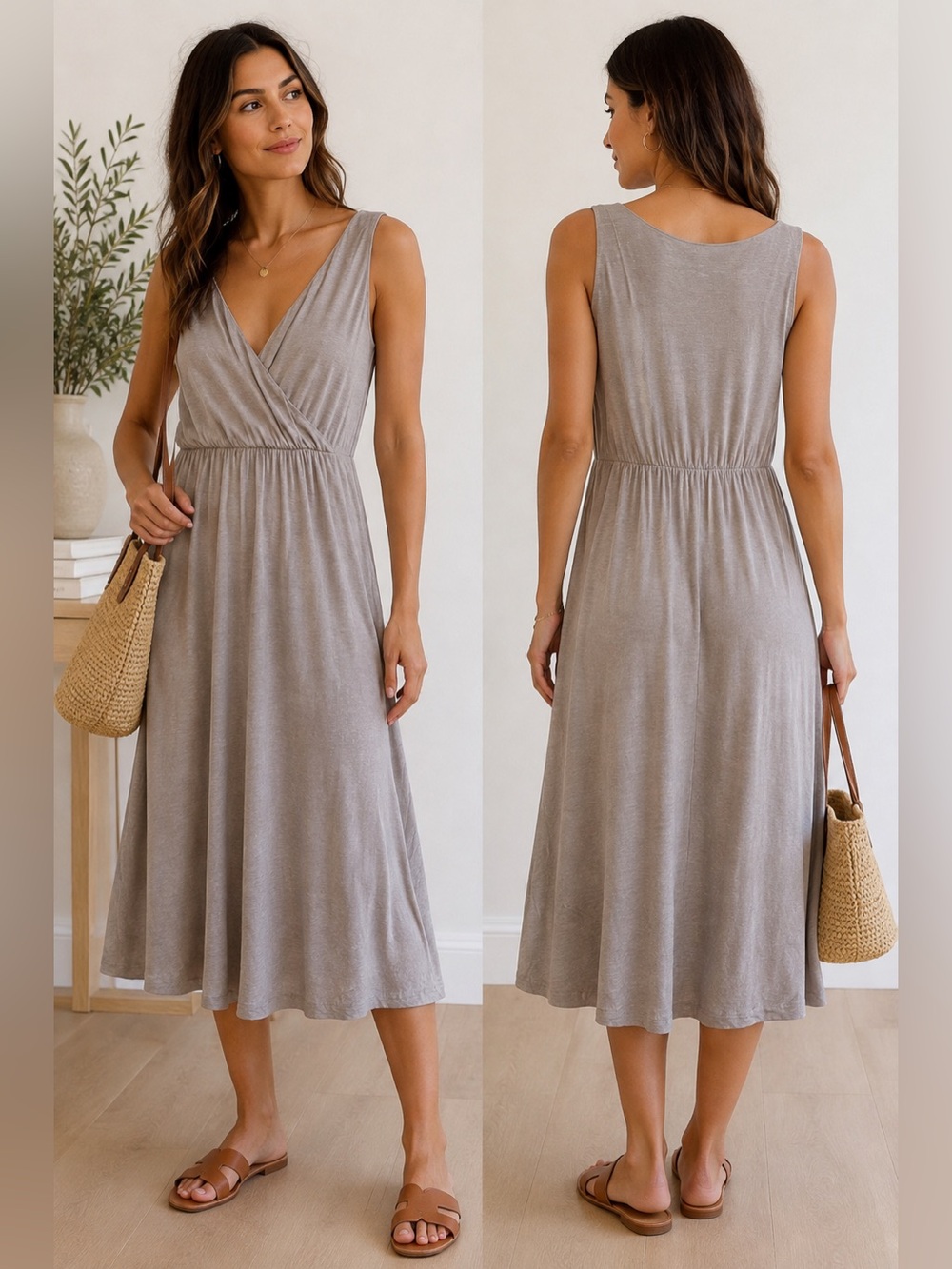 Sleeveless V-Neck Midi Dress in Taupe